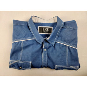 BKE Shirt Mens Athletic Fit Xtra large Size Blue Pearl Snap Button Down Pockets